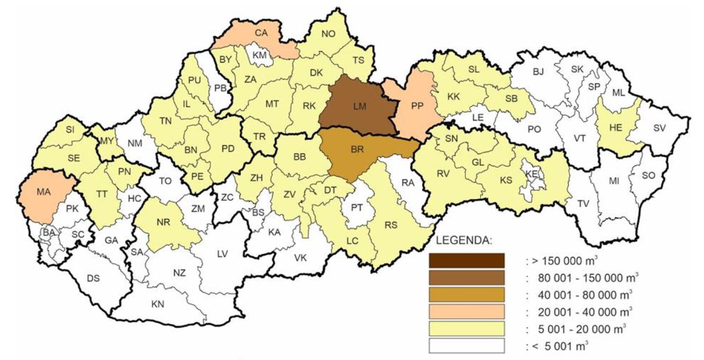 Mapa: Poškodenie ihličnatých a listnatých drevín abiotickými činiteľmi (2022)