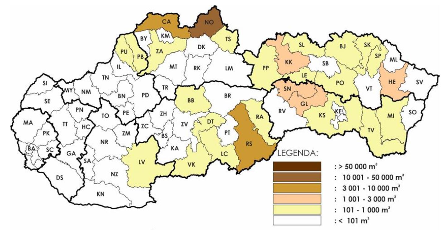 Mapa: Poškodenie lesných drevín antropogénnymi škodlivými činiteľmi (2022)