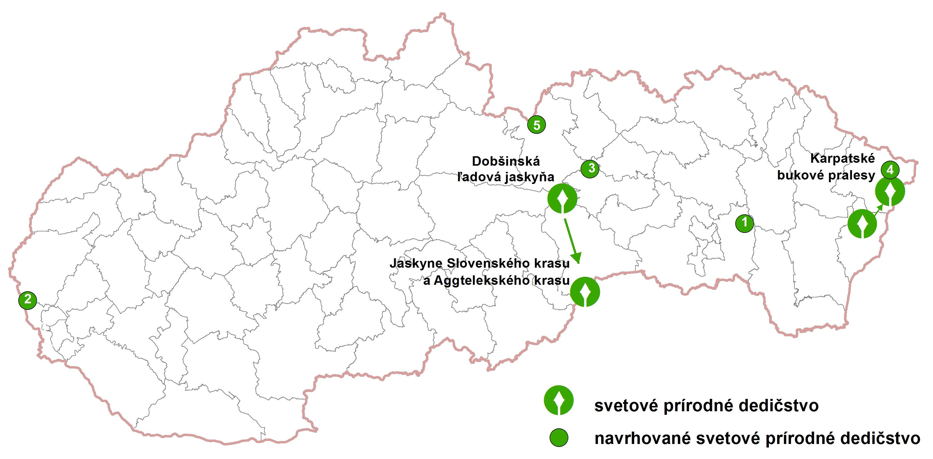 Mapa: Prírodné lokality svetového dedičstva v SR