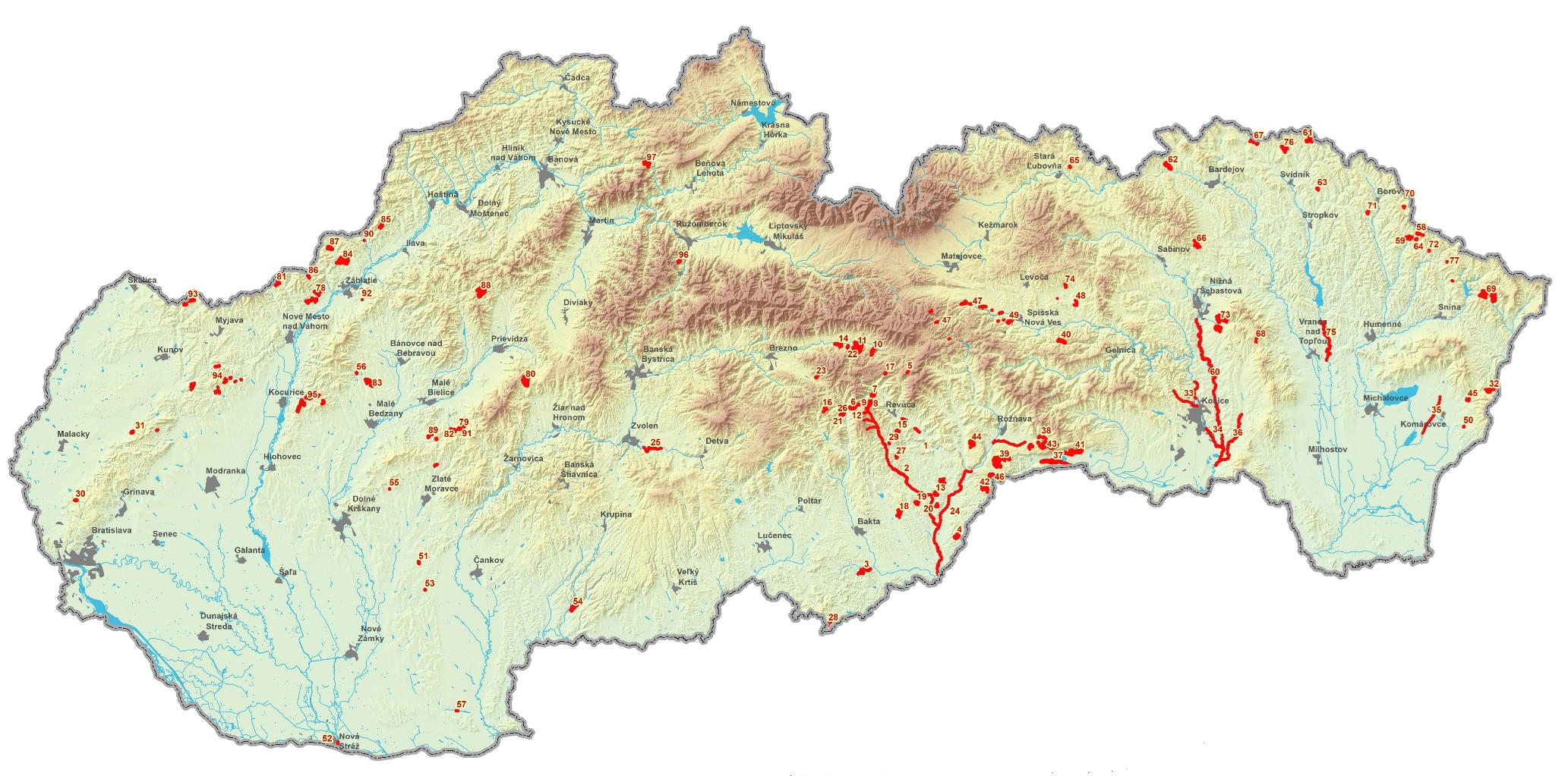 Mapa: Doplnok národného zoznamu ÚEV schválených uznesením vlády č. 454 z 13. júla 2022